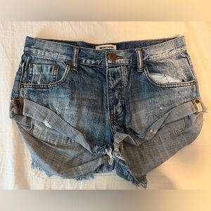 One Teaspoon Blue Frayed Denim Shorts